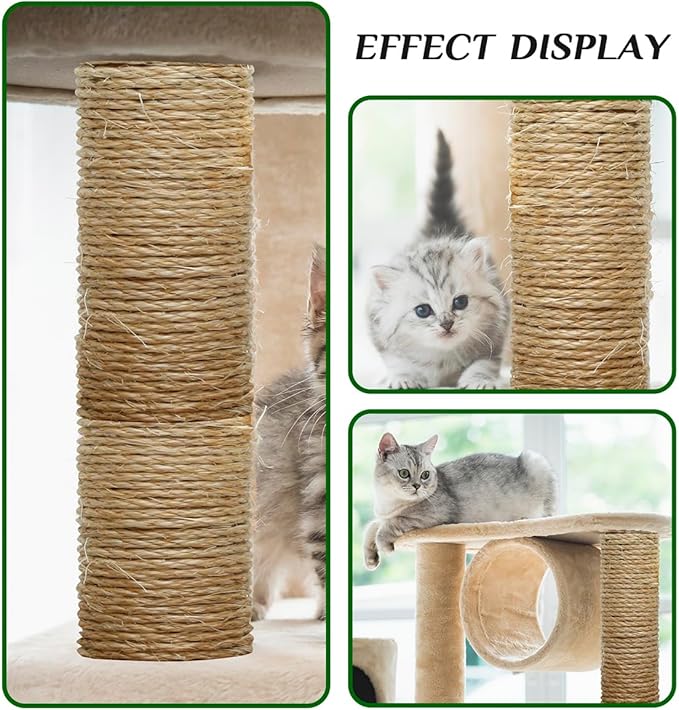 1/6 Inch Natural Sisal Rope, 164-Feet, 50m, for Cat Scratching Post, Tower, DIY Hemp Twine, Replacement, Sisal Fiber, Biodegradable, 4mm Diameter