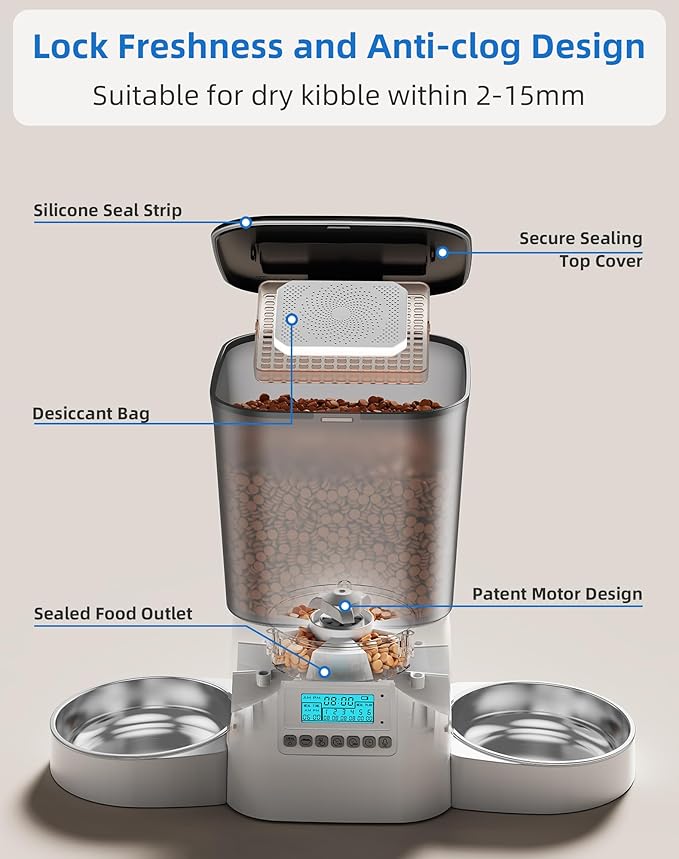 Automatic Cat Feeder, WellToBe 3.5L Timed Dry Food Dispenser for 2 Cats, Dual Power Supply (AC/Battery Backup) with 10-Second Voice Recorder, Programmable Pet Feeder for Multiple Cats
