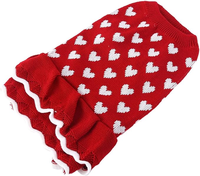 Lovely Heart Pattern Designs Dog Sweater Dress for Valentines Day Small Pet Winter Knitwear Birthday Gift Supply Knitdress