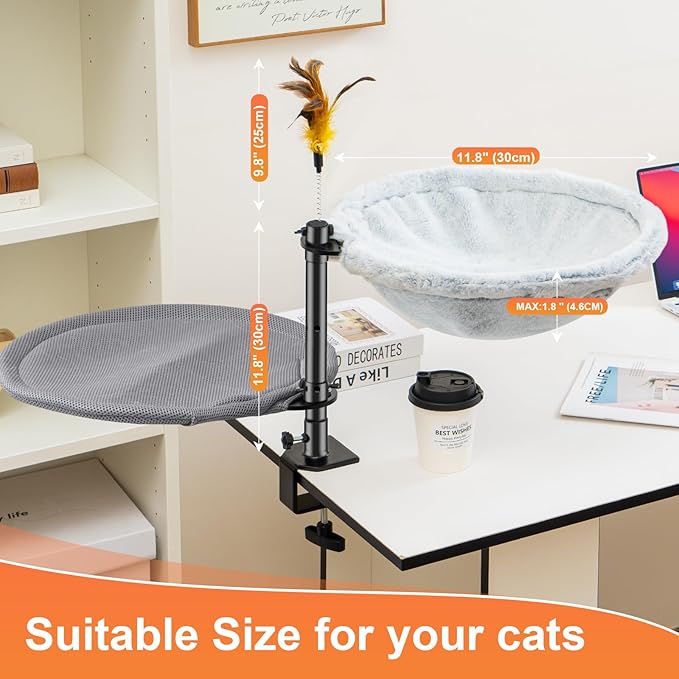 Uross Cat Desk Bed- Double Layers Adjustable Height& 360 Rotation Cat Desk Perch Mount for Office and Game Tables, Attachment Desktop Bed with 2 Washable Covers, Soft Rabbit Fur& Breathable Mesh -Grey