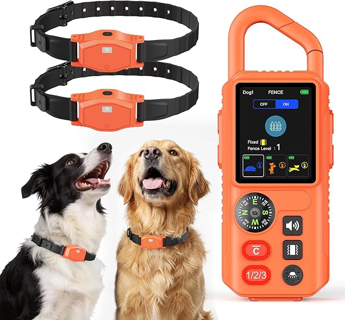 4-in-1 Wireless Dog Fence System, Electric Fences for Medium Large Dogs, 4 Modes Training Collar with Remote, IPX7 Waterproof, Portable Indoor & Outdoor Safe Pet Containment for 2 Dogs
