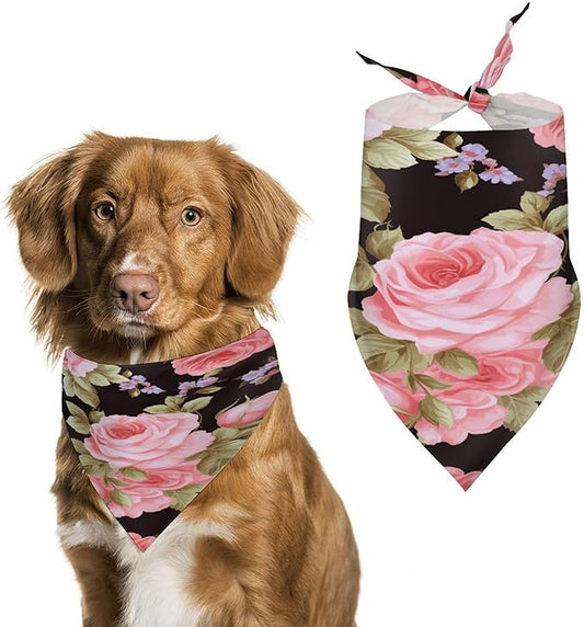Dog Bandana Spring Pet Scarf Adjustable Triangle Pink Rose Printing Dog Bib Washable Polyester Puppy Bandana for Small Medium Large Dogs Cat Birthday Party Supplies