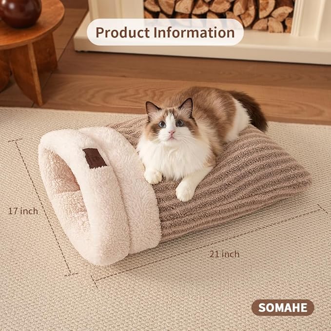 Cat Sleeping Bag for Indoor Cats, Self Warming Cat Bed Cave Fits up to 15 lbs Pets, Pet Sleeping Bed with Plush Portable Snuggle Sack/Hideway 17''×21''White