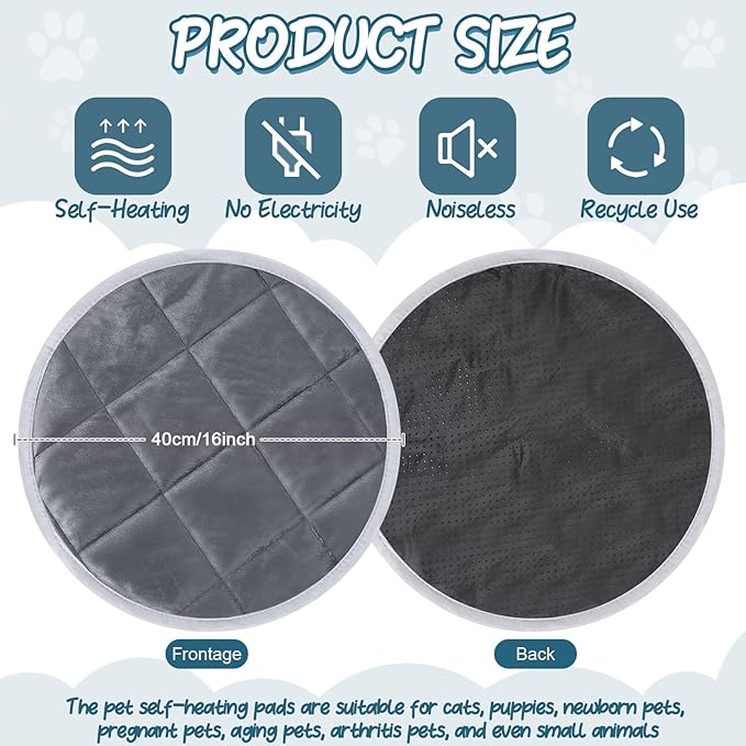 2 Pcs Self Warming Cat Mat Round Self Heating Pad Bed Reversible Machine Washable Heated Bed Anti Slip Warming Pad Pet Mat for Cat Crate Indoor Outdoor(Gray,16 Inch)