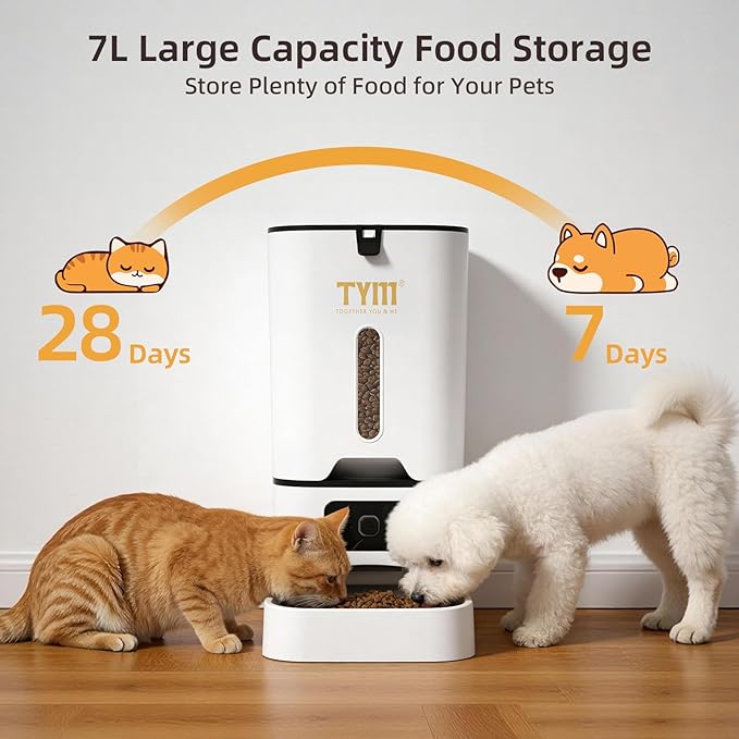 TYM Automatic Cat Feeder, 7L Timed Dry Food Dispenser, APP Control Auto Feeder for Cats and Dogs, Programmable Portion Size, Large Capacity Cat Feeder Automatic (WiFi is Not Required)