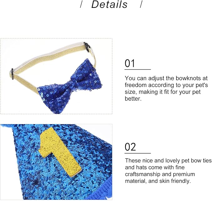 Pet Birthday Party Hat and Sequins Bow Tie Set with Number Accent, Small Puppy Hat and Blue Bowknot for Dog Birthday Supplies