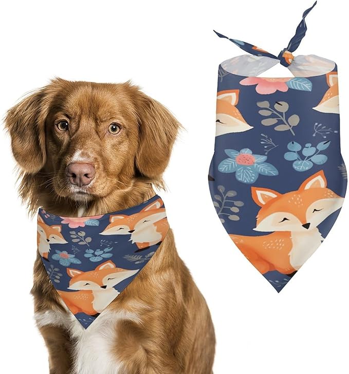 Dog Bandana Spring Pet Scarf Adjustable Triangle Cute Animal Fox Flower Printing Dog Bib Washable Polyester Puppy Bandana for Small Medium Large Dogs Cat Birthday Party Supplies