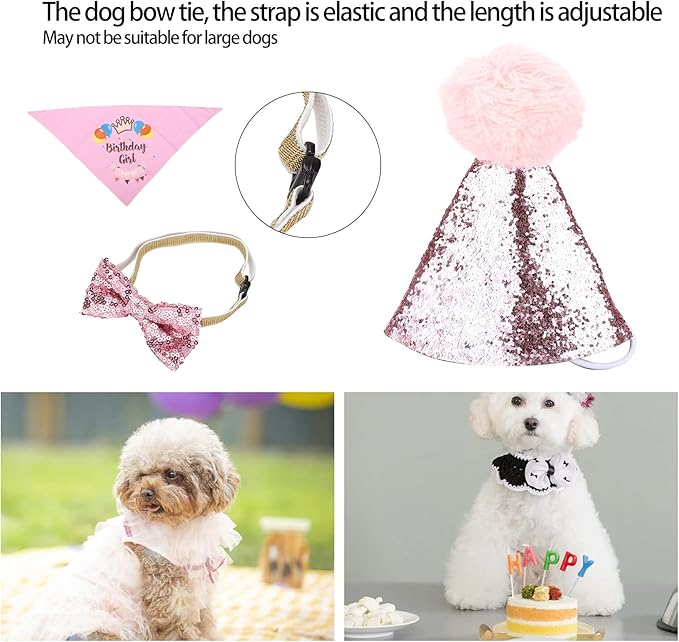 Adjustable Dog Birthday Scarf Hat Set, Pet Birthday Party Supplies, Soft Cotton Polyester Bandana with Bow Tie and Banner Cards for Puppy Photo Shoots and Celebrations
