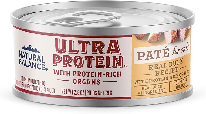 Natural Balance Ultra Protein Wet Cat Food Pate, Real Duck Recipe with Protein-Rich Organs for Cats, Pate Cat Food with High Protein - 2.8 oz. (Pack of 24)