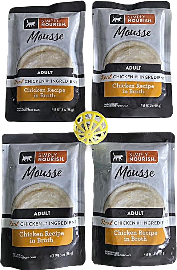 SIMPLY NOURISH Adult Cat Mousse Recipe in Broth. 4-Pack 3 oz Pouches Plus Cat Toy (Toy Varies) (Chicken Recipe in Broth)