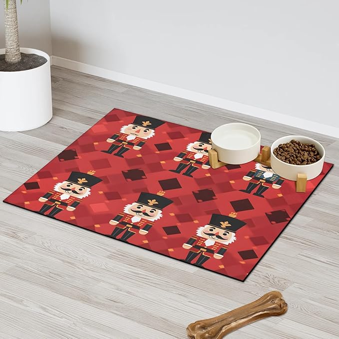 Merry Christmas Dog Food Mat for Floors Absorbent, Quick Dry Water Dispenser Mat for Food, Water, Pet Supplies 12" x 20", Colorful Nutcrackers