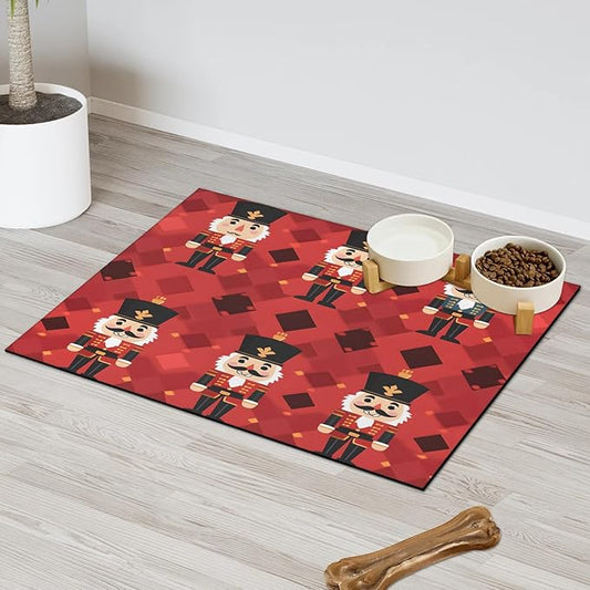 Merry Christmas Dog Food Mat for Floors Absorbent, Quick Dry Water Dispenser Mat for Food, Water, Pet Supplies 12" x 20", Colorful Nutcrackers