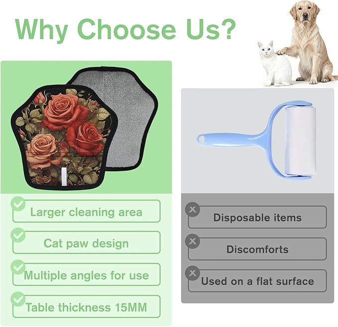 Reusable Pet Hair Removal Glove Roses Flowers Magic Brush for Cat & Dog Hair Remover for Car, Sofa, Bedding, Clothes - 9x9 Mitt Washable