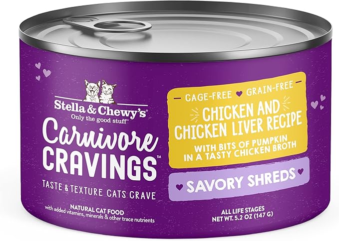 Stella & Chewy's Carnivore Cravings Savory Shreds - Wet Cat Food - High-Moisture Formula with Premium Cage-Free Chicken & Chicken Liver - Perfect for Picky Eaters - 5.2 oz, 8 Count
