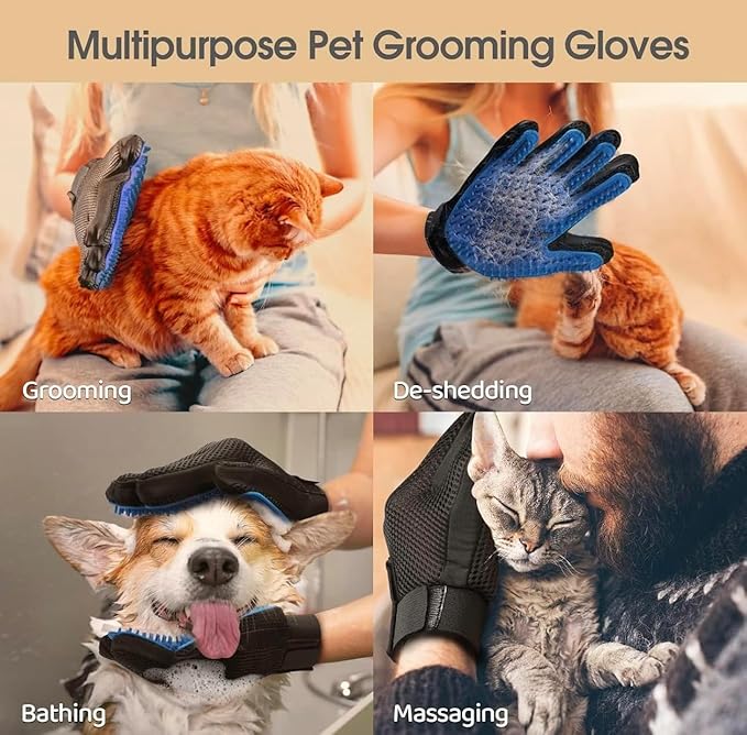 Pet Grooming Glove with 255 Tips, Hair Removal Brush for Dogs and Cats, Blue and Black, Catches 50% More Hair