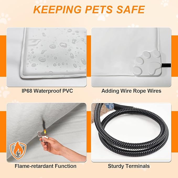 Dog Heating Pad 28×18 in Waterproof PVC Pet Heating Pad, Adjustable Thermostat+Constant On Function, Metal Protective Tube Comes with a Plush Cotton Sleeve，Whelping Box-Apricot