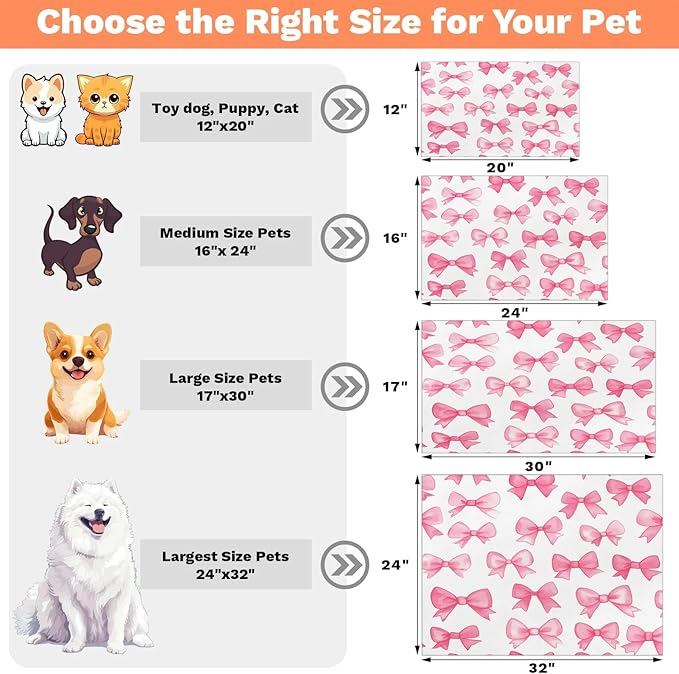 Pink Bows Dog Food Mat for Floors Absorbent, Quick Dry Water Dispenser Mat for Food, Water, Pet Supplies 12" x 20", Cute Bowknot