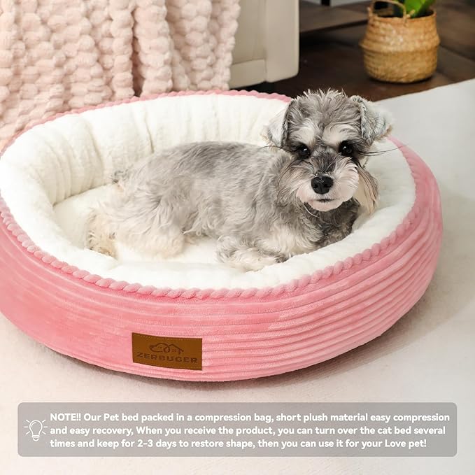 20in Washable Cat Beds for Indoor Cats - Round Donut Pet Bed for Cats, Small Dogs, Puppy, Kitten - Anti-Slip Bottom, Calming Bed Gift - Pink