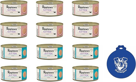 Applaws Canned Wet Kitten Food in 2 Flavors: 6 Tuna Fillet in Broth and 6 Tuna with Salmon in Broth (12 Cans Total, 2.47 Ounces Each) Plus Silicone Lid
