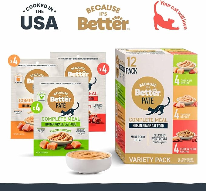 Because It's Better Pate Complete Meal, Variety Pack, Ocean, Turkey and Chicken Flavors 2.6 oz Pouches, Wet Cat Food, 12 Count