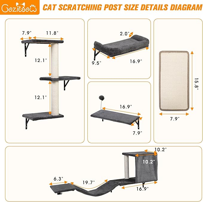 COZIWOW Cat Wall Shelves Set, 5-Piece Wall Mounted Cat Furniture with Cat Tree & Scratching Post, Floating Cat Perches for Indoor Cats（Grey）