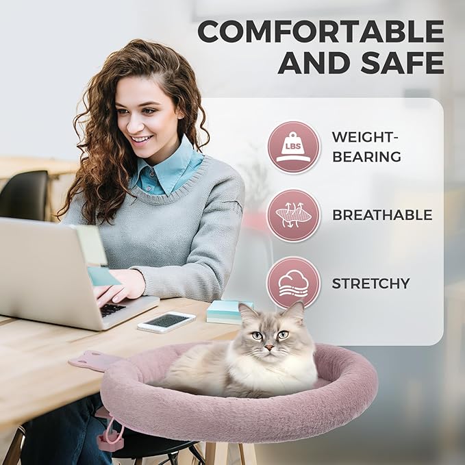 Rotating Cat Desk Bed for Remote Workers, Home Office Staff and Gamers ，Quality Soft Cat Bed, 360° Swivel, Removable Washable Cushion, Comfortable and Easy to Assemble, Supports up 40 lbs(Pink)