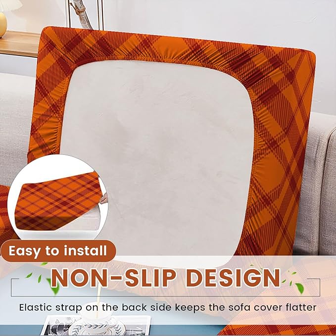 HANDONTIME 8Pcs Thanksgiving Patio Cushion Covers Stretch Couch Covers Plaid Replacement Cushions for Outdoor Buffalo Check Patio Furniture Covers for Pets Sofa Covers Washable (Autumn,Cover Only)