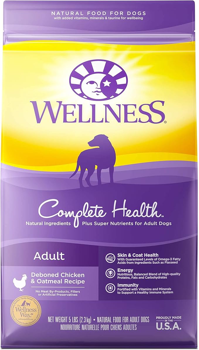 Wellness Dog Food and Treats Trial Bundle: Complete Health Dry Food, Chicken 5lb & Rewarding Life Soft Treats, Lamb and Salmon