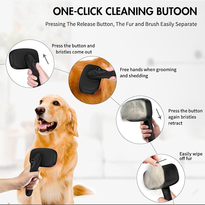 3PC Dog Brush Kit - Self-Cleaning Slicker Brush with Bath Brush & Undercoat Rake | Deshedding Tools for Large - Small Dogs & Cats, Professional Pet Grooming Set for Heavy Shedding, Black