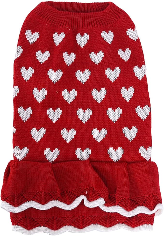 Lovely Heart Pattern Designs Dog Sweater Dress for Valentines Day Small Pet Winter Knitwear Birthday Gift Supply Knitdress