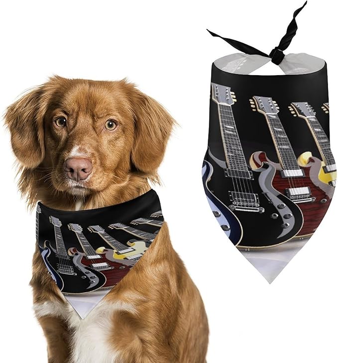 Dog Bandana Spring Pet Scarf Adjustable Triangle Electric Guitar Printing Dog Bib Washable Polyester Puppy Bandana for Small Medium Large Dogs Cat Birthday Party Supplies