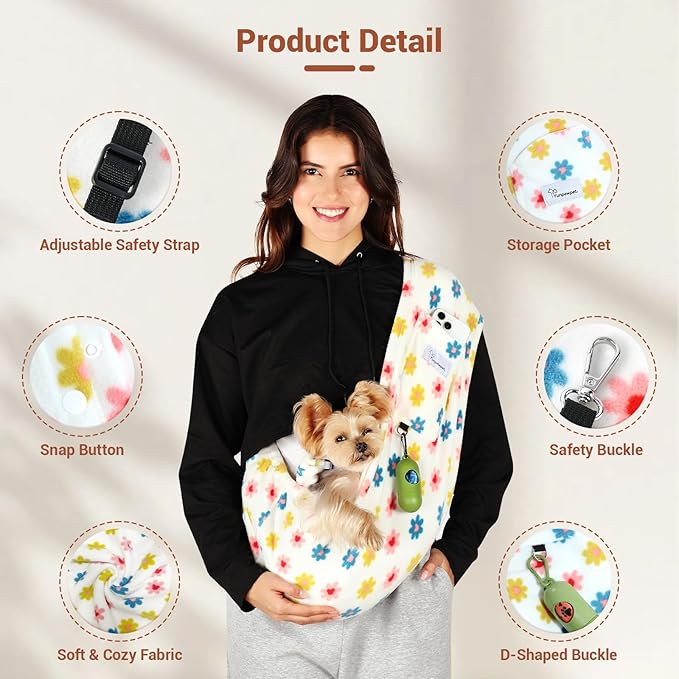Dog Carrier Sling,Indoor Comfort Adjustable Cat Sling Carrier,With Front Pocket and Seat Belt Dog Carriers for Small Dogs Machine Washable,Suitable for Family Outdoor Use (Large, Daisy)