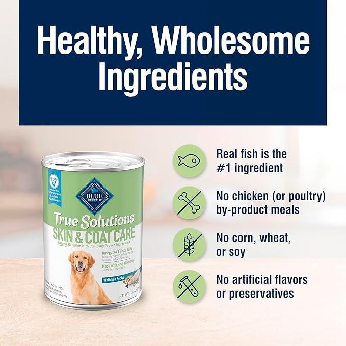 Blue Buffalo True Solutions Skin & Coat Care Wet Dog Food for Adult Dogs, Made with Natural Ingredients, Whitefish, 12.5-oz. Cans (12 Count)
