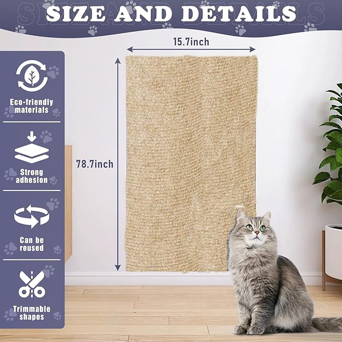 Cat Scratch Furniture Protector, DIY Climb Cat Scratcher Mat for Covering Couch Protector from Cat Claws 78.7"x15.8" (Khaki)