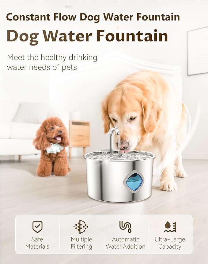 Dog Water Bowl, 3.2L Stainless Steel Dog Water Fountain with 10 Filter & Quadruple Filtration, Quiet Pump Fresh Water Bowl for Pets, Visible Water Level, Easy to Clean for Dog Cat (1 Pcs+2 Pcs Filter)
