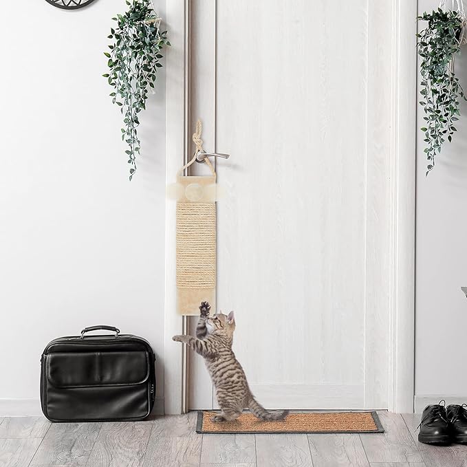 2 Pcs Cat Scratcher Door Hanging, 19.3 x 5.5inch Cat Scratching Post Wall Mounted, Natural Sisal Scratching Pad Surface with Ball Toy for Indoor Cats Kitty