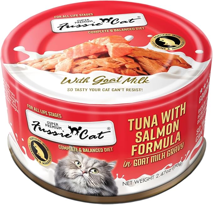 Fussie Cat Premium Canned Wet Cat Food in Goat Milk Gravy - 2.47 oz Cans - Case of 24 Cans (Tuna & Salmon)