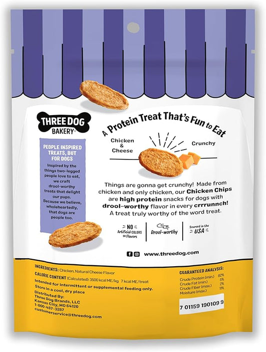 Three Dog Bakery Bark’N Crunch! Chicken Chips, Cheese Flavor, Crunchy Treat for Dogs, Two Ingredients, High Protein Snacks, No Artificial Flavors or Colors, Made in The USA, 3.8 oz.