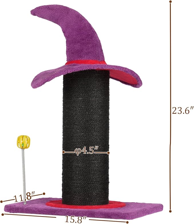Halloween Wizard Hat Cat Scratching Post with Interactive Spring Ball Toy, Purple Spooky Theme,Activity Cat Play Center, 40 * 30 * 60cm
