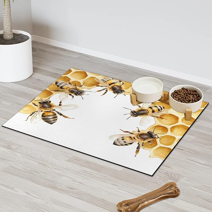 Cute Bee Dog Food Mat for Floors Absorbent, Quick Dry Water Dispenser Mat for Food, Water, Pet Supplies 12" x 20", Honeycomb