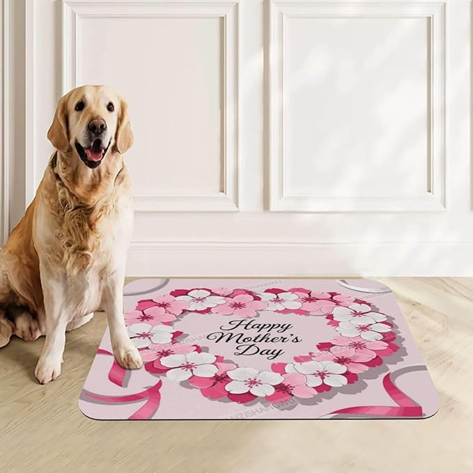 Dog Food Mat for Floors Absorbent Quick Drying Happy Mother's Day Floral Gift for Mom Dl Pet Cat Food Mat Easy-to-Clean Pet Feeding Mats Dog Bowl Mats 18X12In