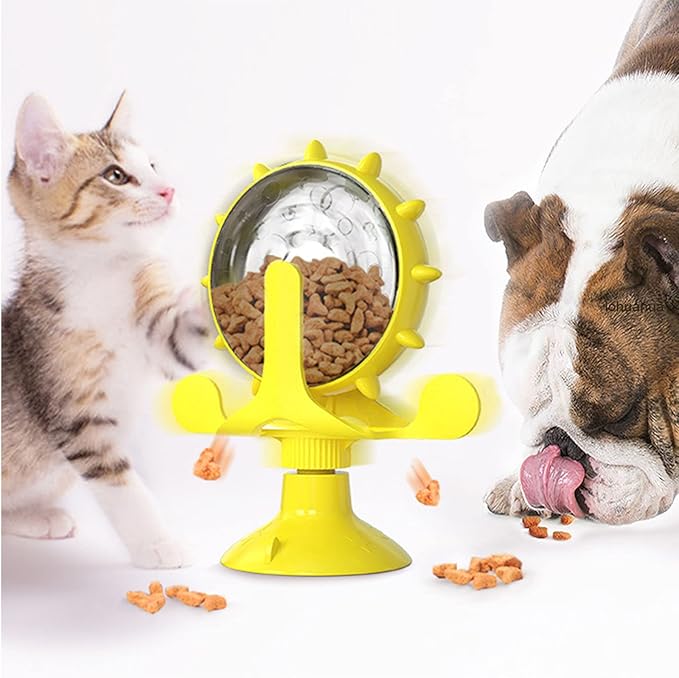 Interactive Cat Treat Leaking Toy for Small Dogs Original Slow Feeder Funny Dog Wheel Pet Products Accessories, Cat Treat Dispenser Toy Interactive Puzzle (Yellow)
