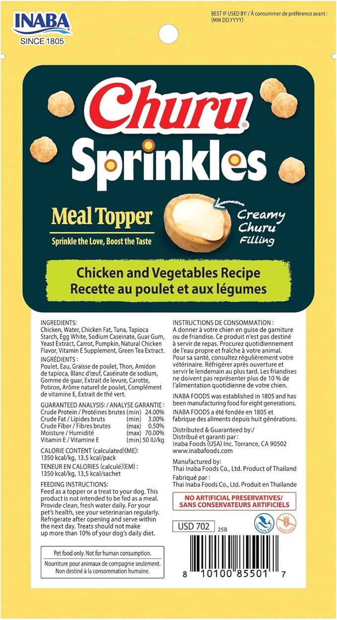 INABA Churu Sprinkles for Dog, Soft & Chewy Churu Filled Dog Meal Toppers with Vitamin E and Green Tea Extract, 1.05 oz. per Pack, 18 Packs Total, Chicken and Vegetable Recipe