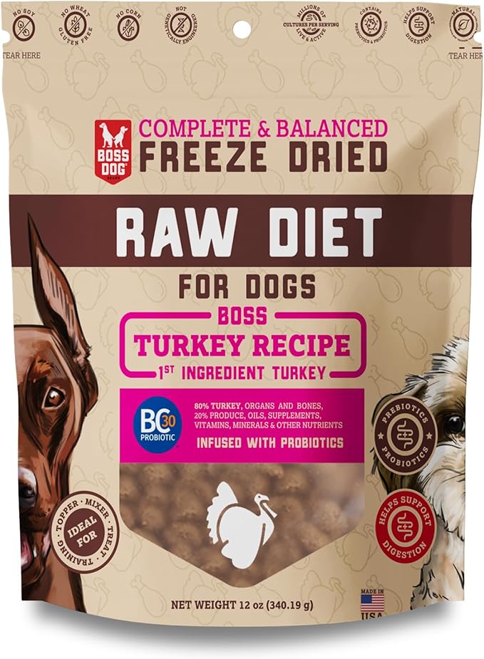 Boss Dog Complete & Balanced Freeze Dried Raw Diet for Dogs, Turkey Recipe, 12 oz Bag