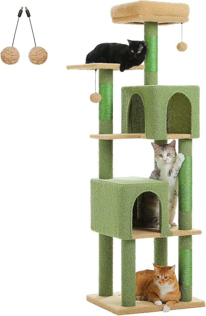 Cactus Cat Tree for Indoor Cats, 62" Multi-Level Cat Tower with 2 Spacious Condos, Scratching Pad, 4 Cat Scratching Posts, 2 Top Perches, 2 Pompoms, Green
