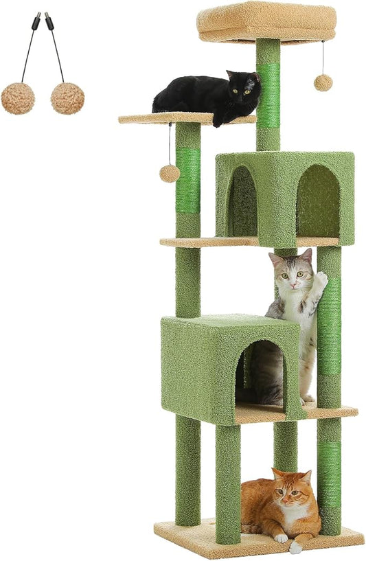 Cactus Cat Tree for Indoor Cats, 62" Multi-Level Cat Tower with 2 Spacious Condos, Scratching Pad, 4 Cat Scratching Posts, 2 Top Perches, 2 Pompoms, Green