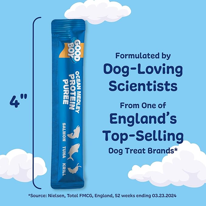 Good Boy Ocean Medley Protein Purees Dog Food Mixers for All Adult Dogs, 10 Count, Easy Single-Serve Triple Flavor Topper Treats with Salmon, Tuna and Krill