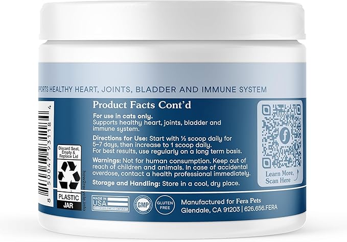 Fera Pets Wellness Blend - Cat Health Supplement with Feline-Specific Probiotics, Taurine and Lysine - Promotes Healthy Joints, Immunity, Heart & Bladder -Powder - 60 Scoops