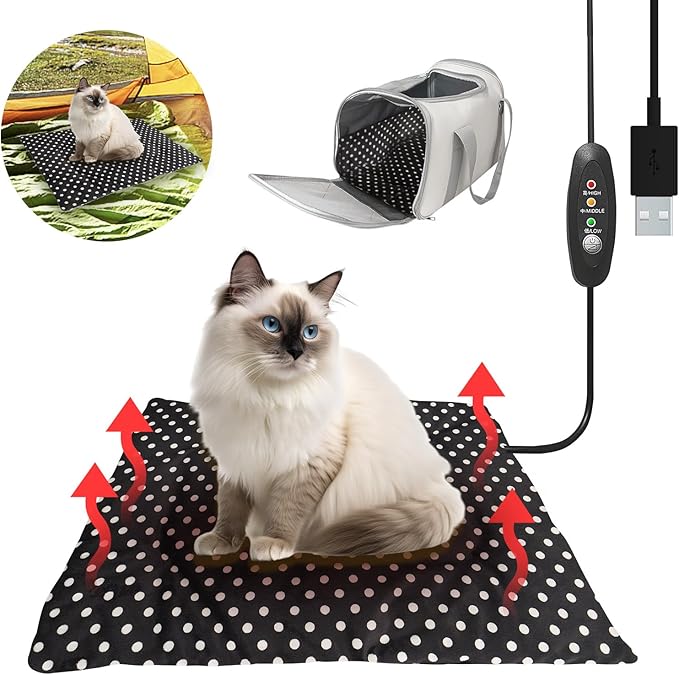 USB Heating Warmer Pad Bed for Cat, Small Dog and Pet, Safe 5V2A Power-Bank Battery Operated, 3-Temperature Settings, Washable, for Indoor and Outdoor Use. 15" x 19" x 0.6" (Black)