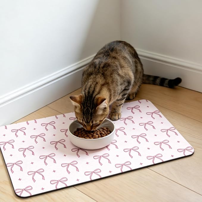 GLOBLELAND Pink Bow Pet Food Mat for Floors 11.8×20 inch Dogs Food Mats Absorbent Dog Bowl Mat Quick Dry Dog Cat Pet Placemats Pets Supplies for Water Dispenser